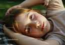 Young girl lying peacefully outdoors at golden hour