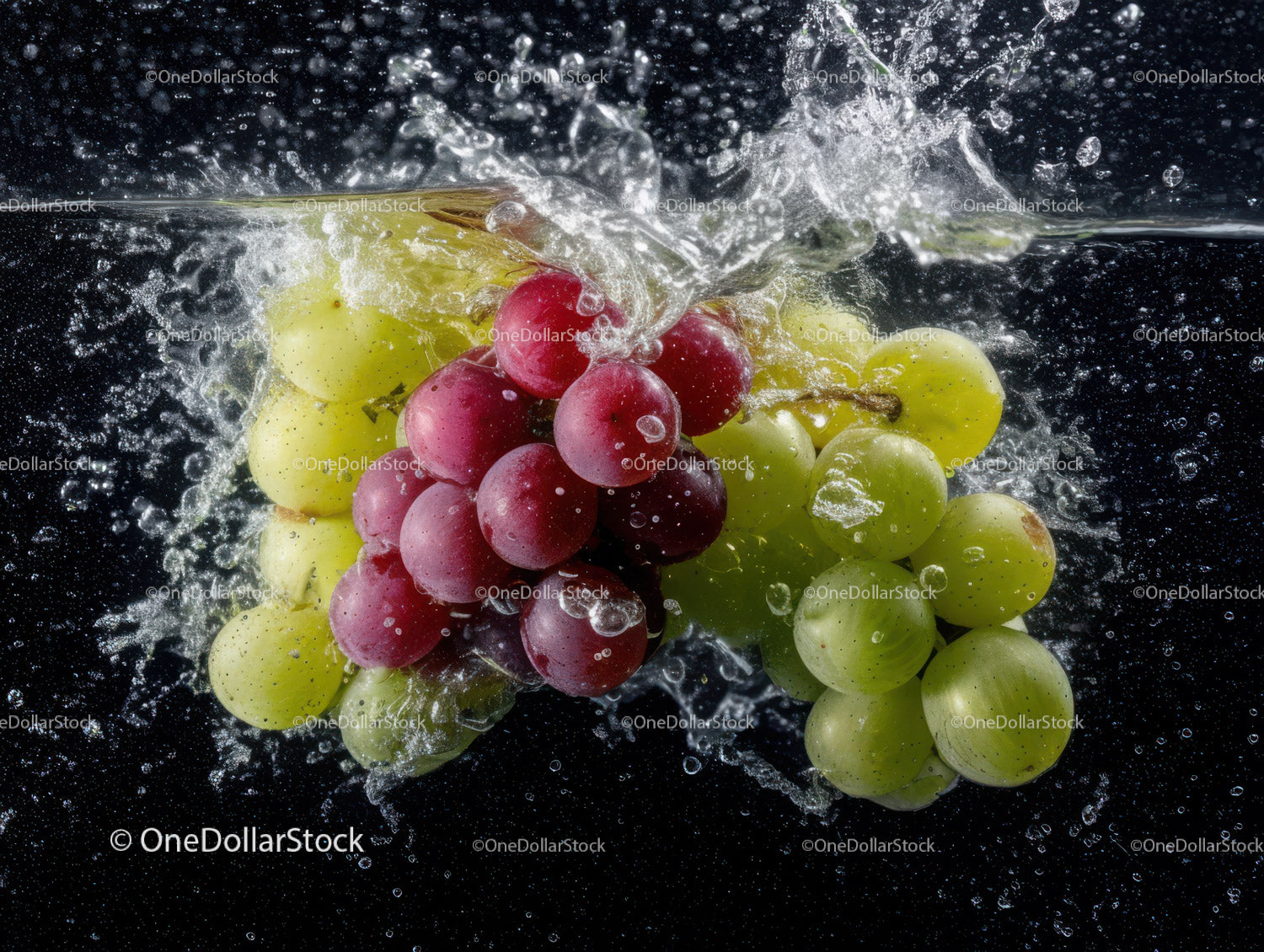 Colorful Green and Red Grapes Splashing in Water