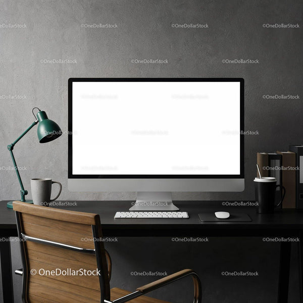 Minimalist workspace with desktop computer and desk lamp JPG Mockup Image