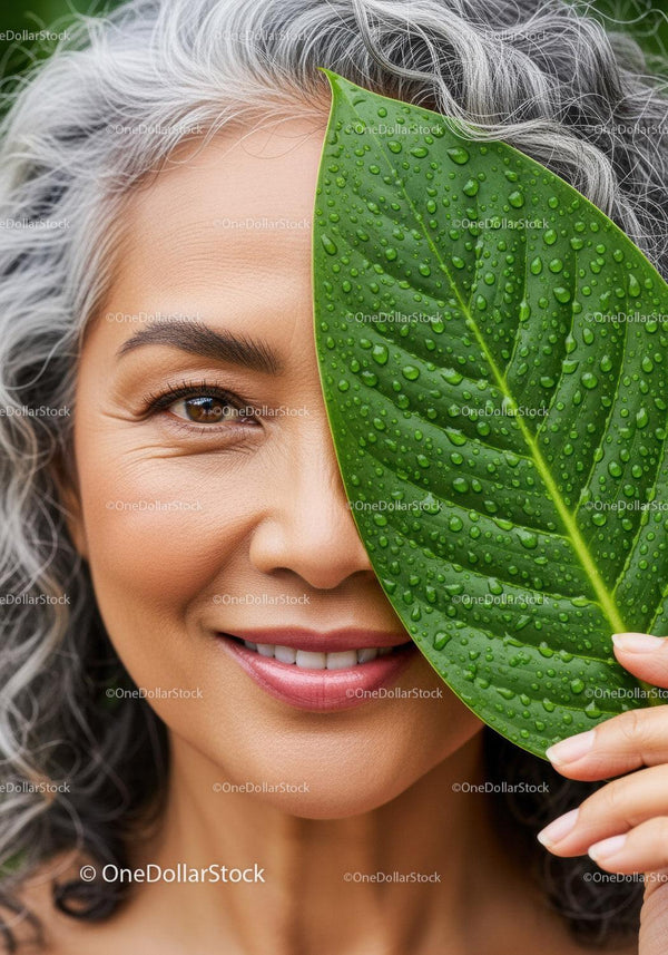 Smiling Senior Woman with Water Droplet Covered Green Leaf