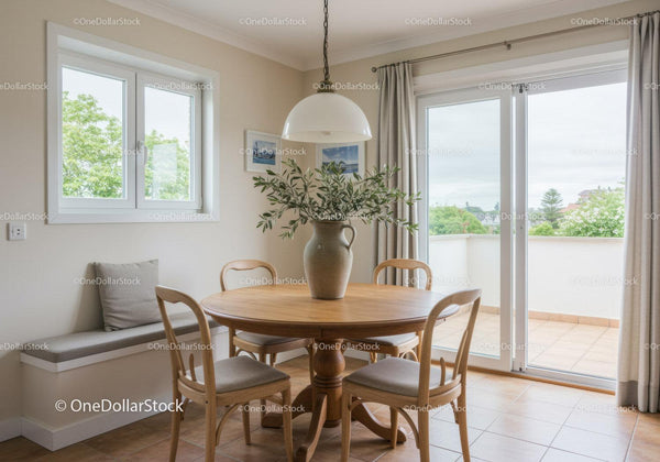 Cozy dining area with wooden table and natural light