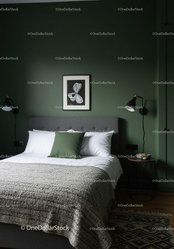 Elegant Green Wall Bedroom with Modern Decor and Cozy Bed