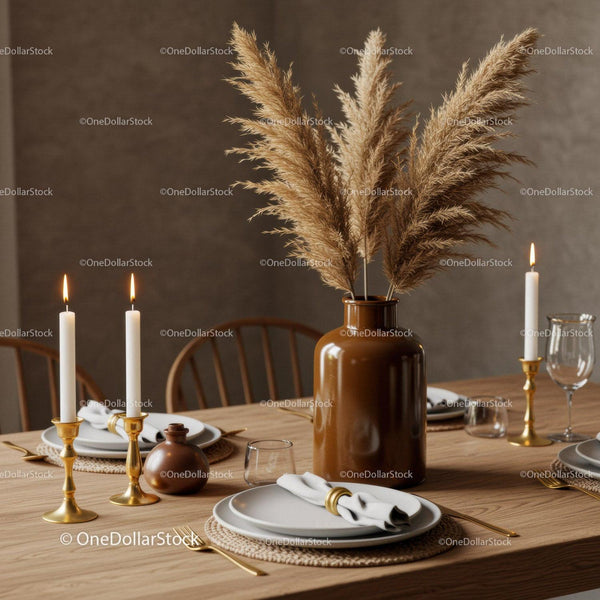 Elegant Dining Table Setup with White Crockery and Gold Accents