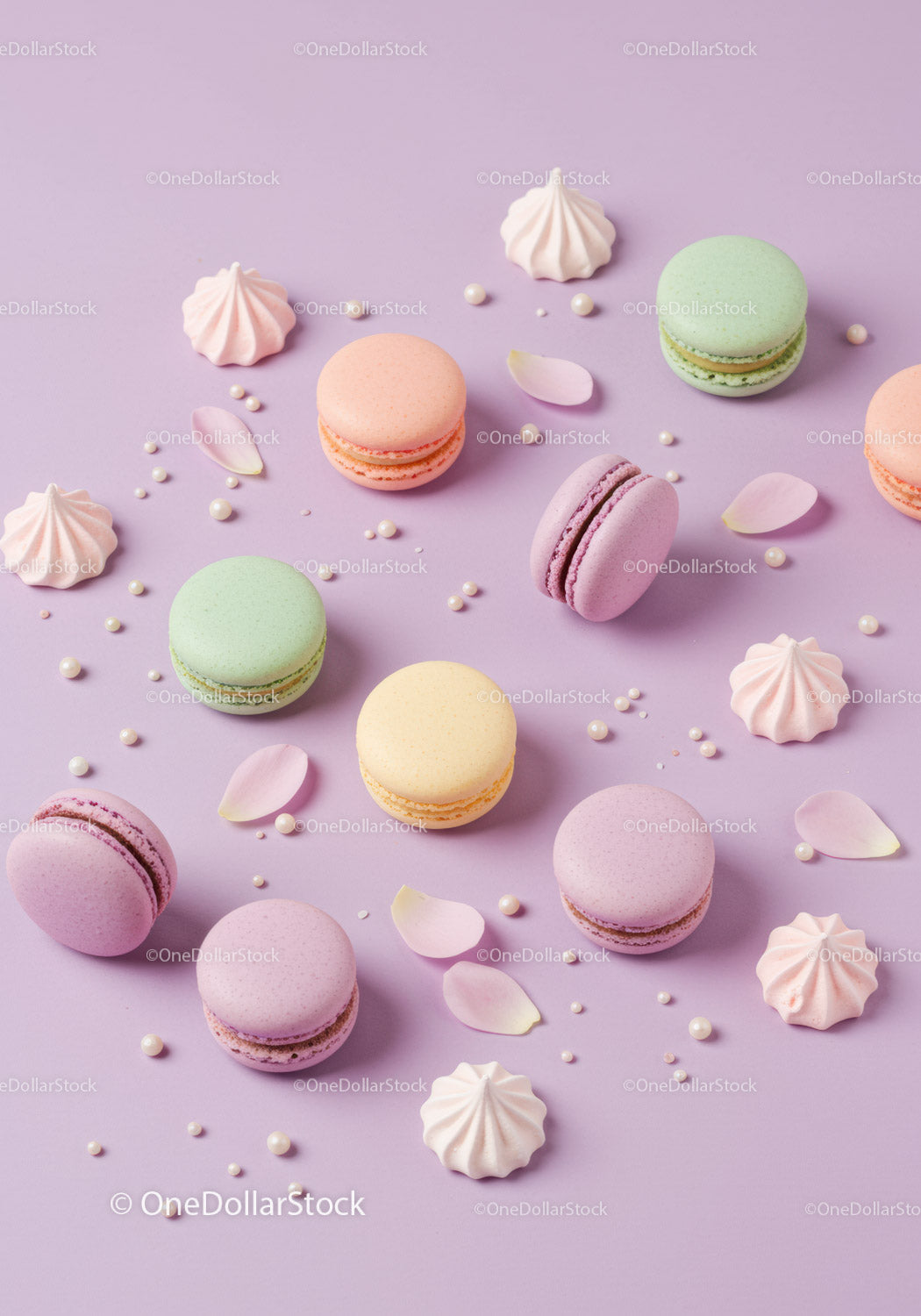 Pastel Macarons and Meringue on Lilac Surface