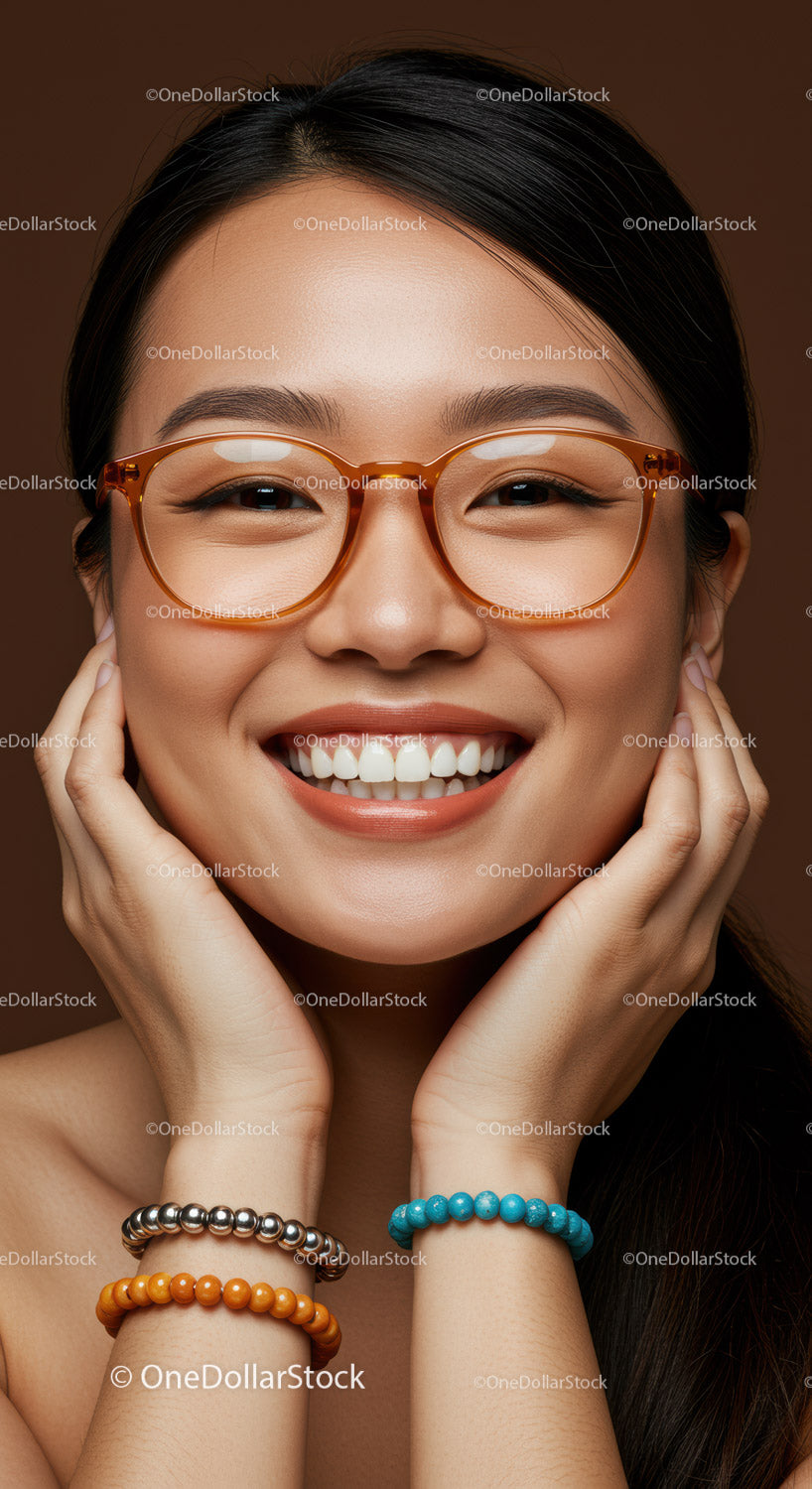 Smiling young woman wearing glasses and colorful bracelets