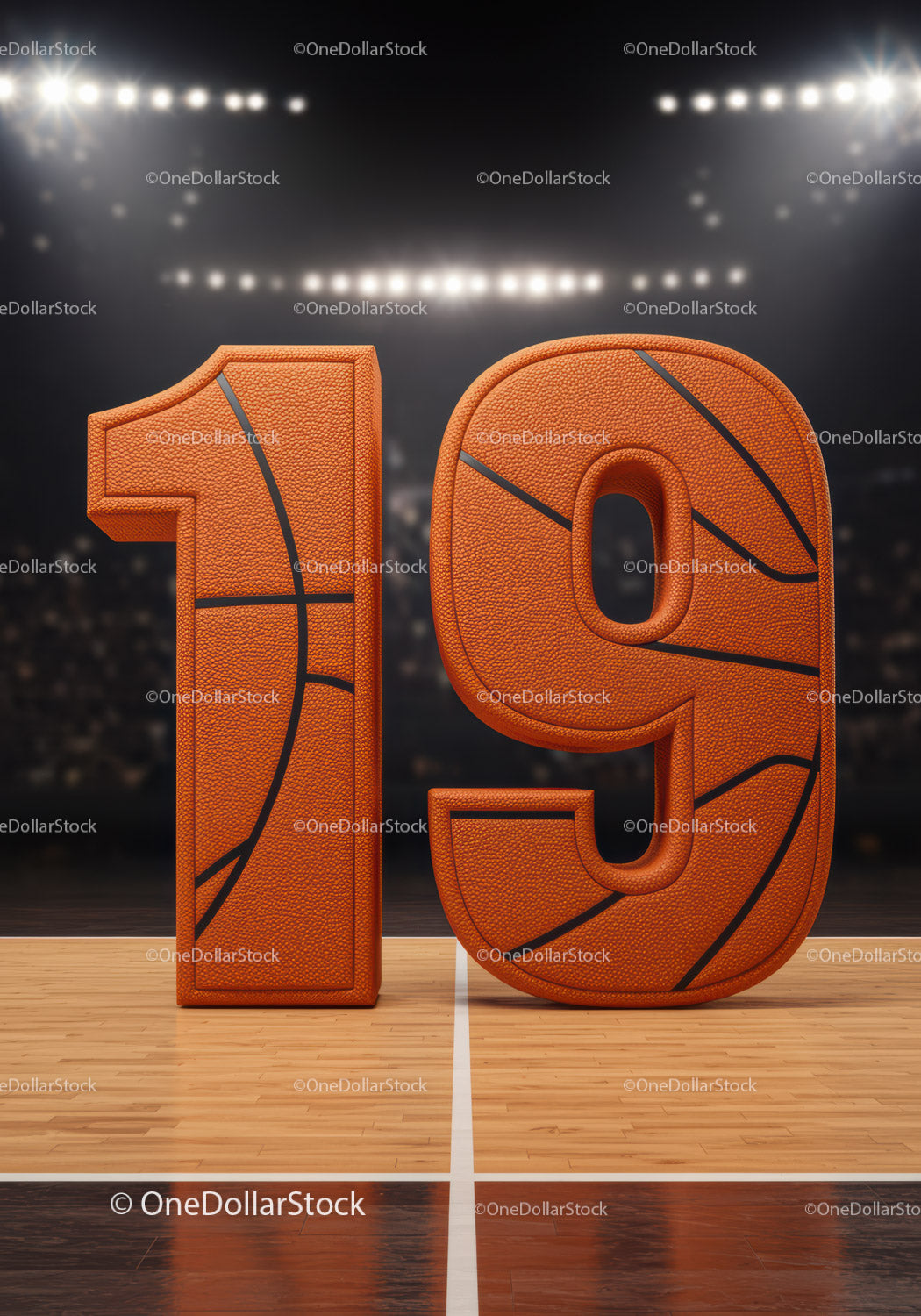 Basketball styled number nineteen on court floor