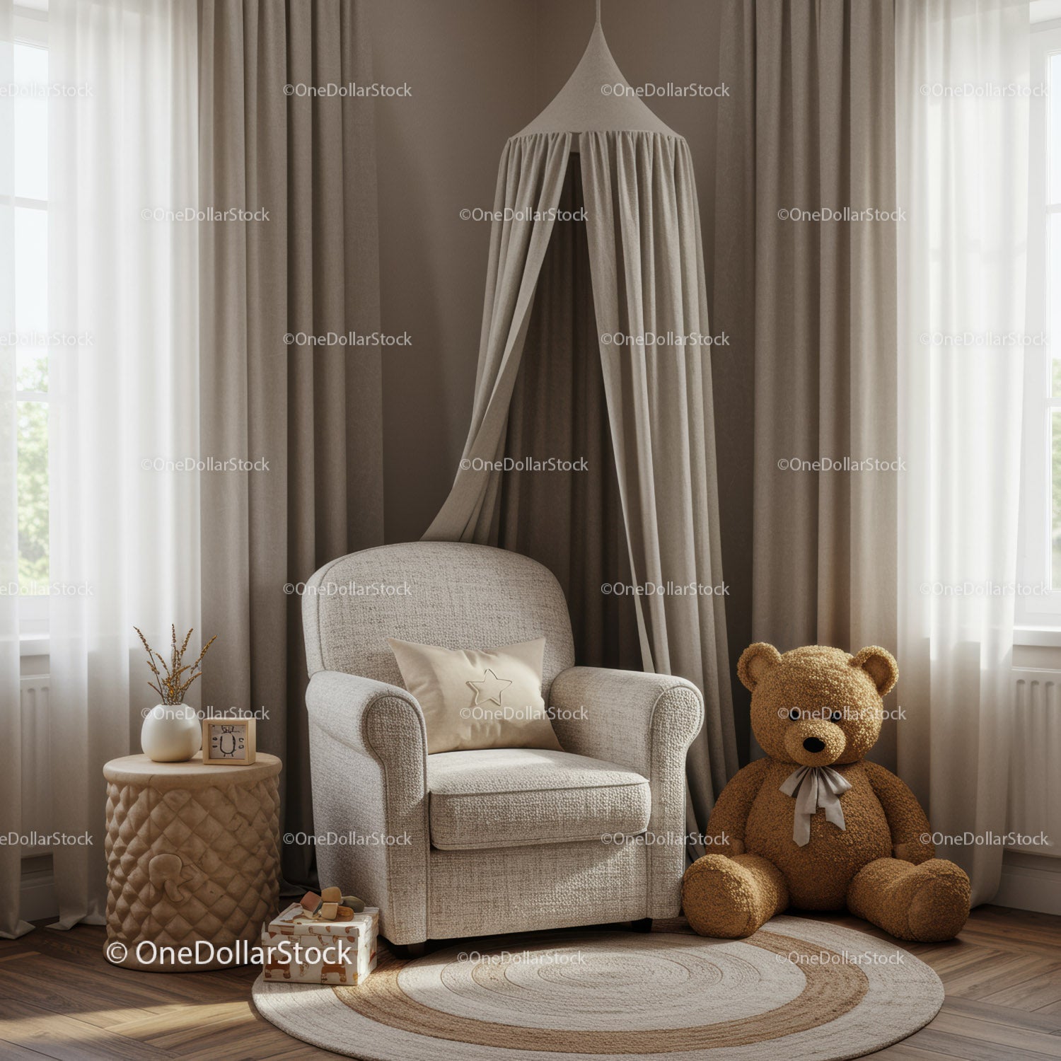 Cozy neutral-toned reading nook with teddy bear