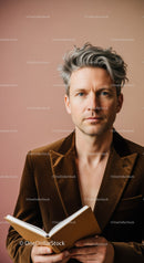 Stylish Mature Man with Silver Hair Reading a Book in Modern Portrait