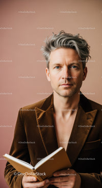 Stylish Mature Man with Silver Hair Reading a Book in Modern Portrait