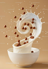 Chocolate cereal balls splashing into creamy milk bowl