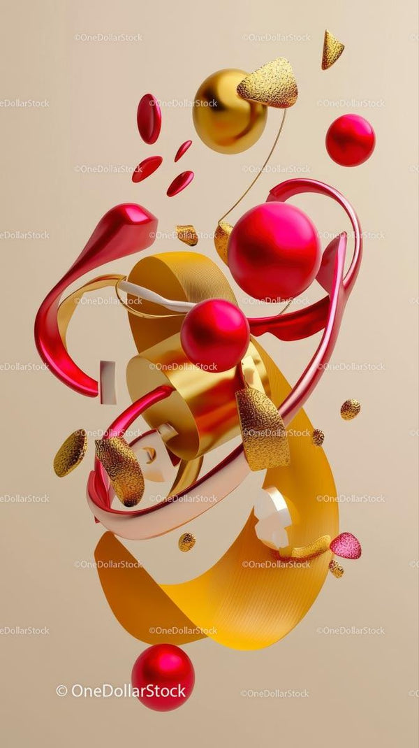 Vibrant Abstract 3D Shapes with Gold and Pink Accents for Modern Art