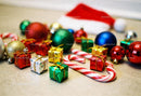 Colorful Christmas decorations with candy canes and gifts