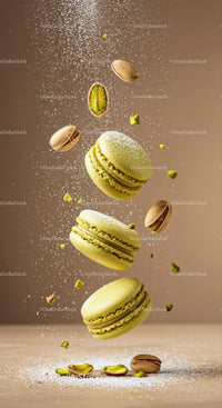 Green Pistachio Macarons with Powdered Sugar Falling