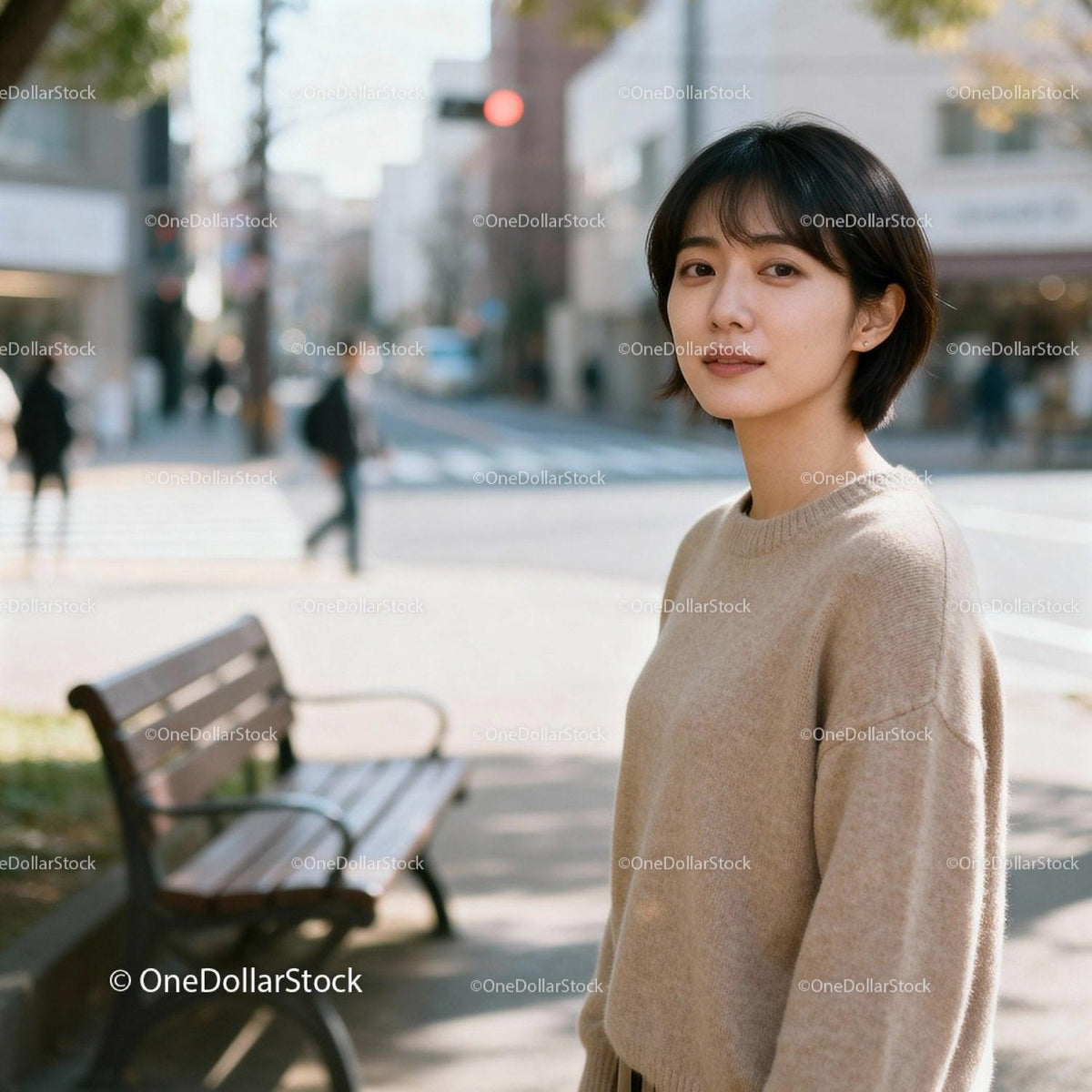 Young woman standing near bench in urban street