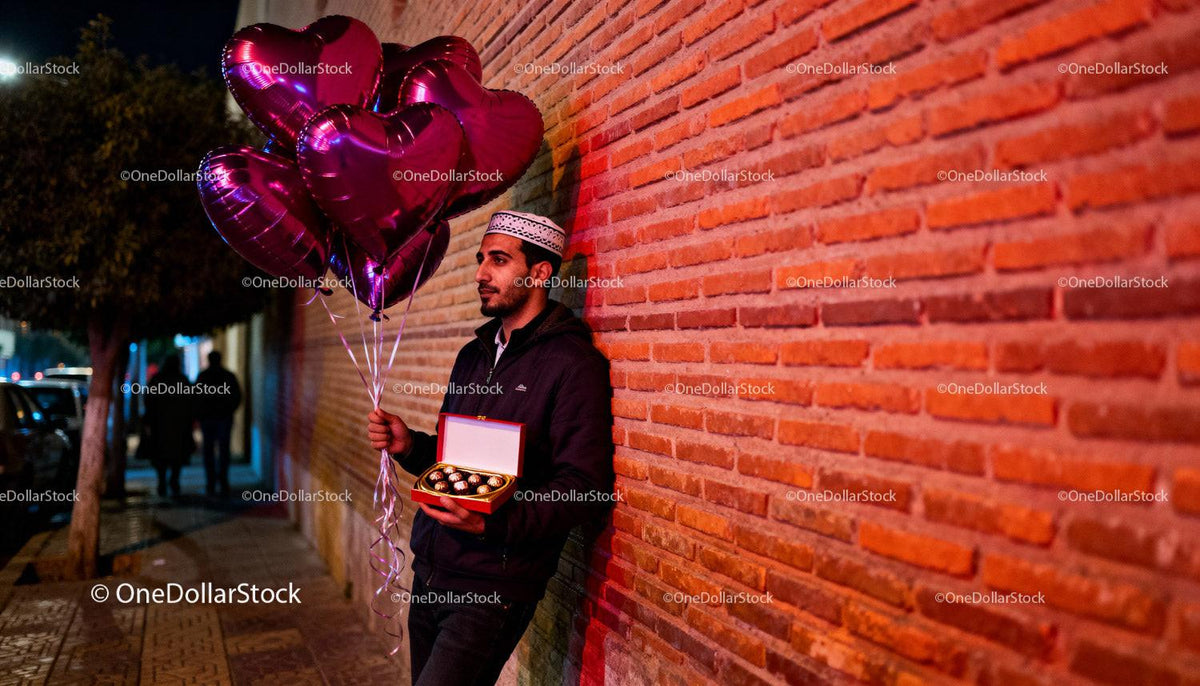 Man holding heart-shaped balloons and chocolates at night