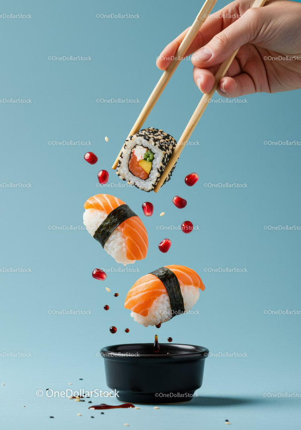 Fresh sushi pieces with soy sauce dropping on blue background