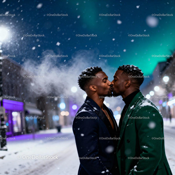 Romantic Winter Kiss Between Two Men in Snowy City