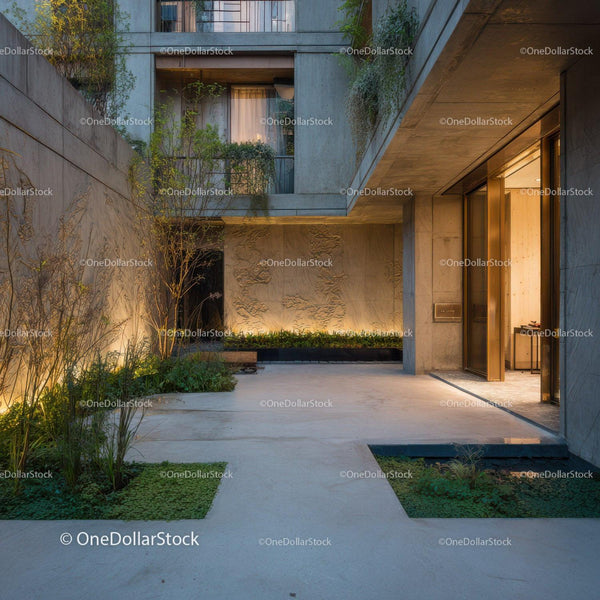 Modern Concrete Building with Lush Greenery and Ambient Lighting