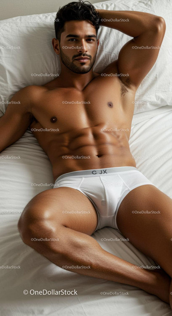 Fit man resting on white bed wearing white briefs