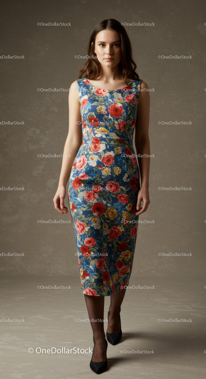 Elegancka kobieta w kwiecistej niebieskiej sukience stojąca w studiu