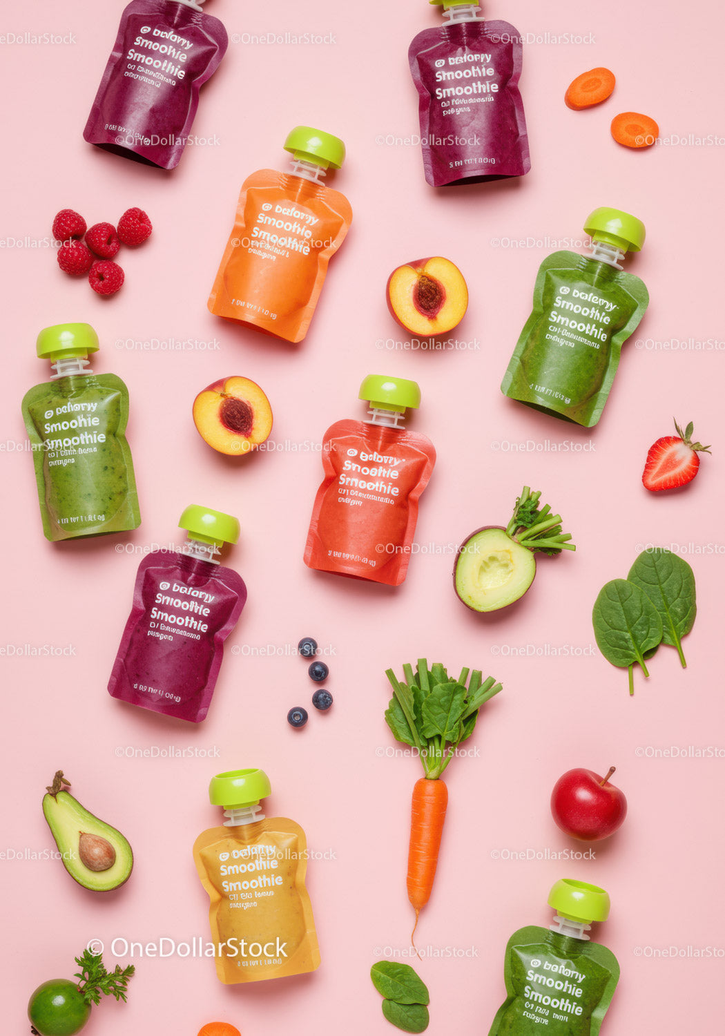 Colorful smoothie pouches with fresh fruits and vegetables