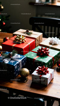 Festive Wrapped Christmas Gifts on Wooden Table
