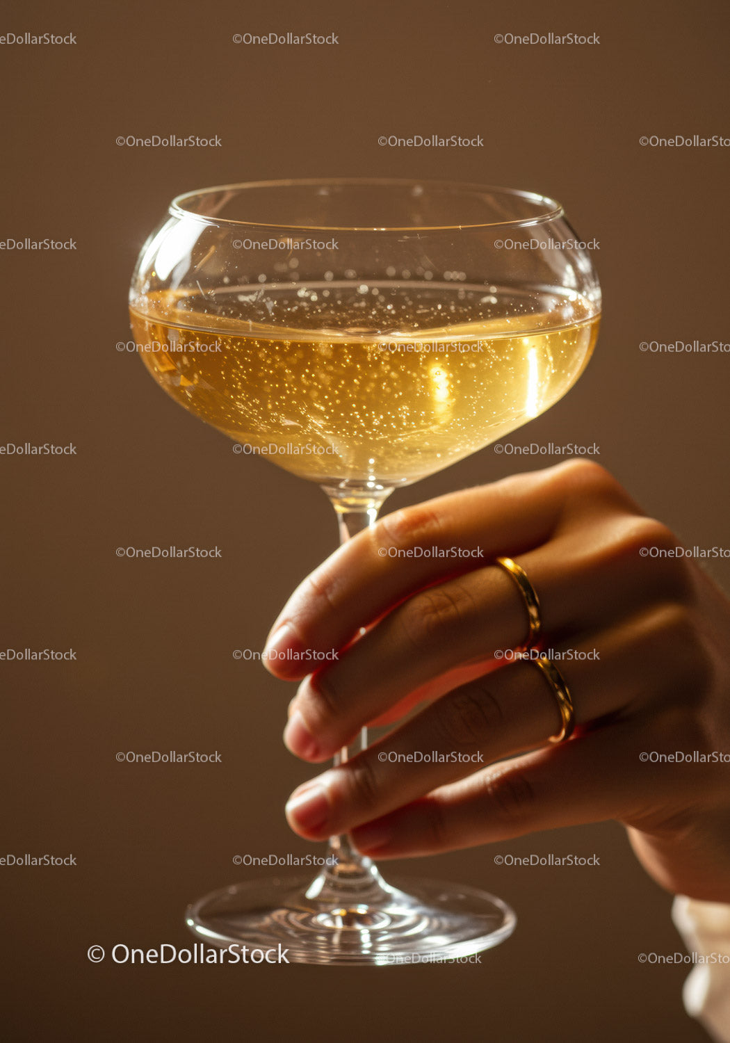 Hand holding champagne glass with sparkling bubbles