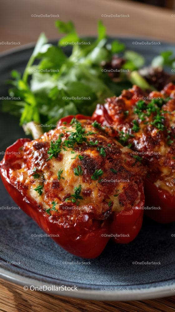 Stuffed Red Bell Peppers with Melted Cheese and Parsley
