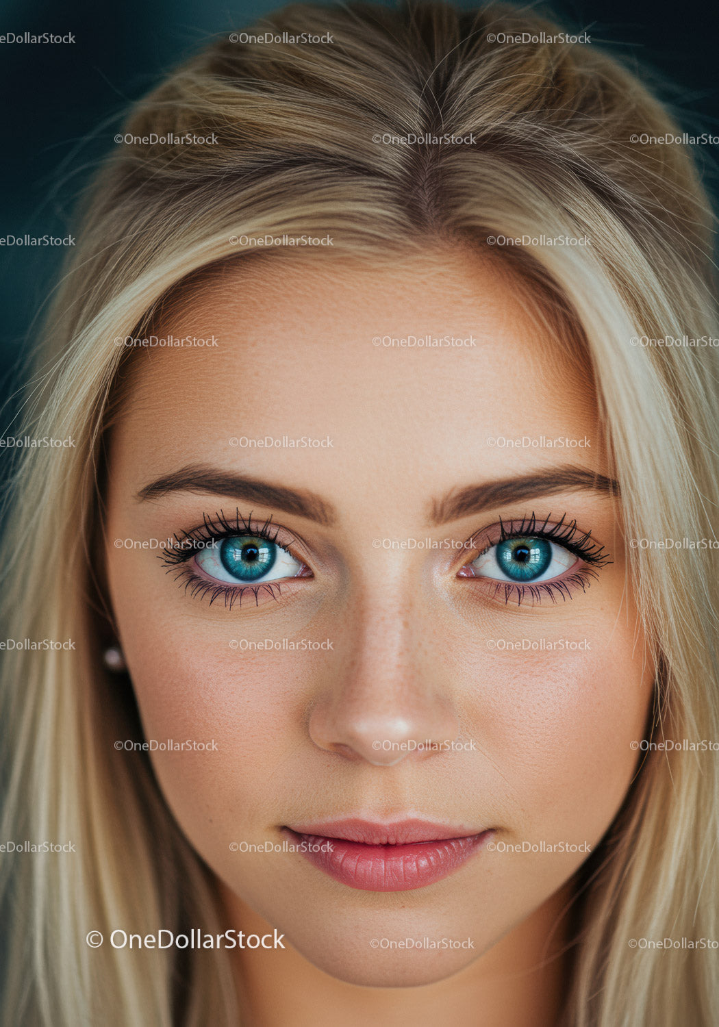 Closeup portrait of young woman with clear blue eyes