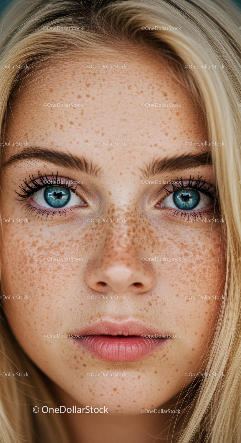 Close up of young woman with striking blue eyes and freckles