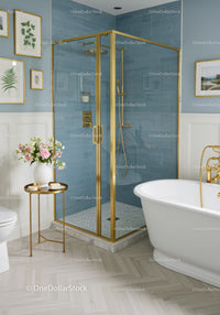 Elegant bathroom with blue tile shower and freestanding tub