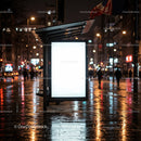 Night City Street with Illuminated Bus Stop and Neon Signs