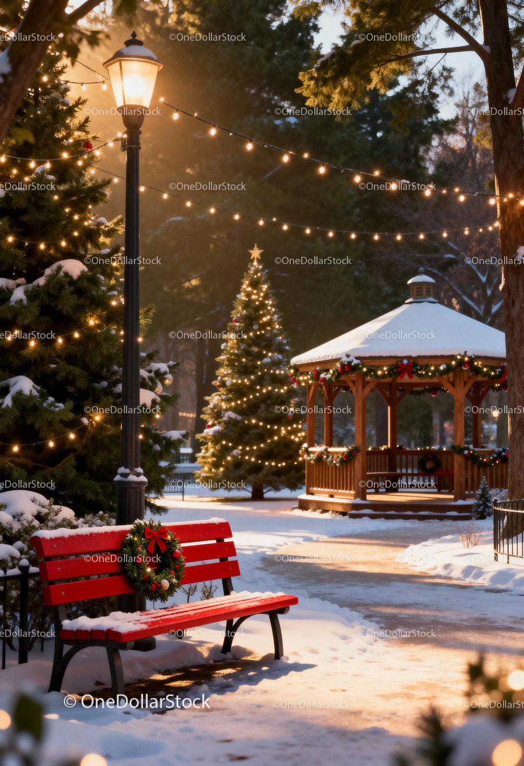 Winter park with festive Christmas decorations and lights