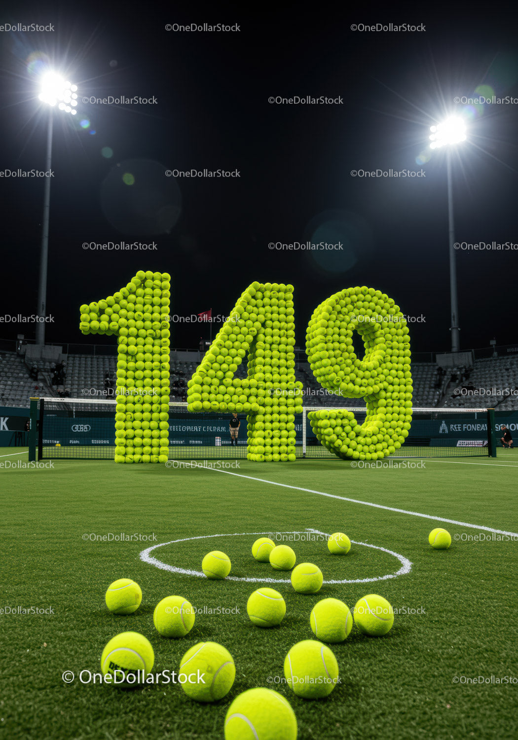 Tennis Balls Forming 149 on Court Under Night Lights