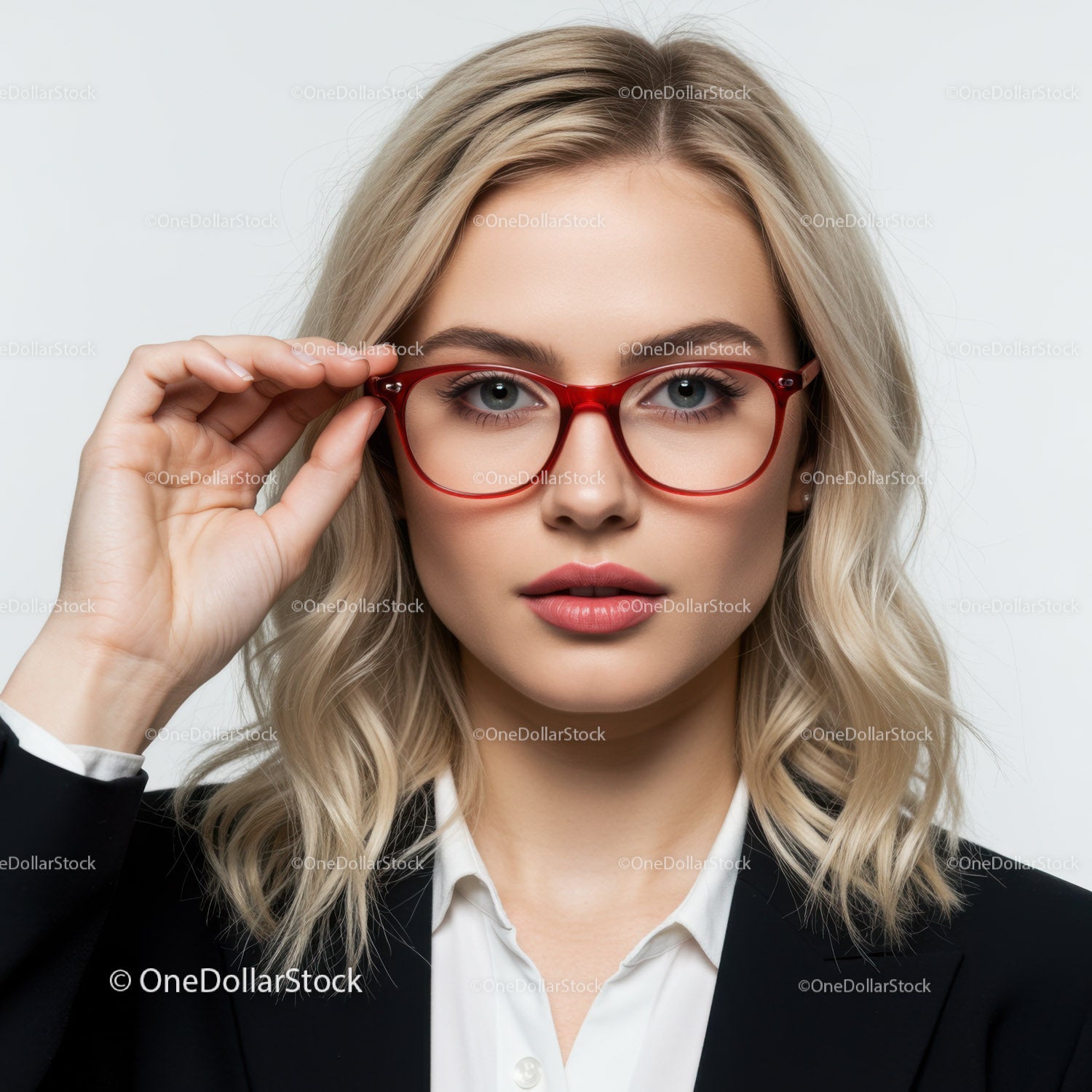 Stylowa bizneswoman w czerwonych okularach i białej koszuli