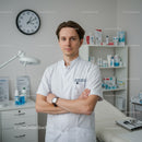 Young Male Doctor Standing Confident in Modern Clinic