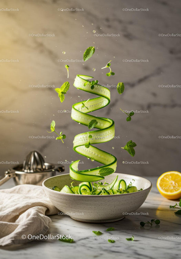 Fresh cucumber ribbon with herbs and lemon zest in bowl