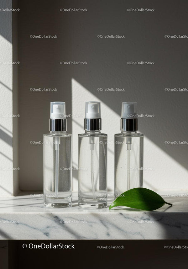Minimalist skincare spray bottles on marble surface JPG Mockup Image