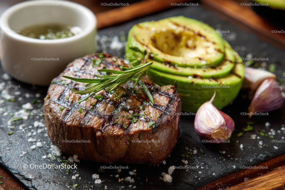 Juicy Grilled Steak with Fresh Avocado and Garlic on Rustic Board