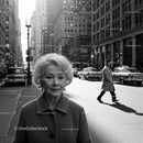Elderly Woman in Busy City Street Surrounded by Vintage Cars