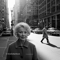 Elderly Woman in Busy City Street Surrounded by Vintage Cars