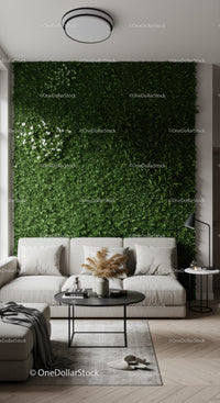 Modern Living Room with Green Vertical Garden and Cozy Sofa