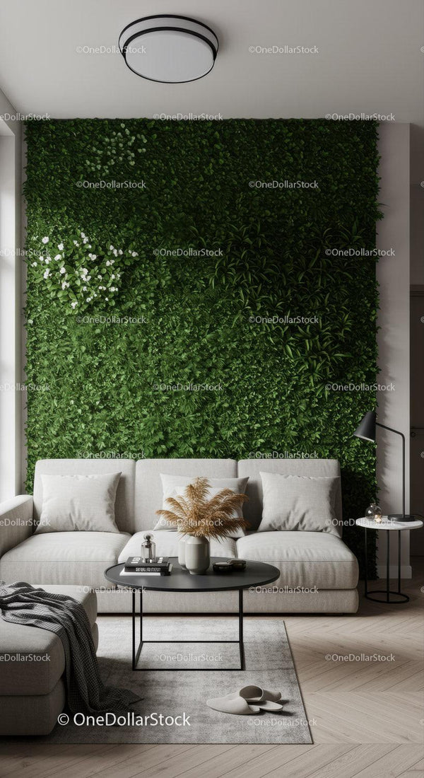 Modern Living Room with Green Vertical Garden and Cozy Sofa