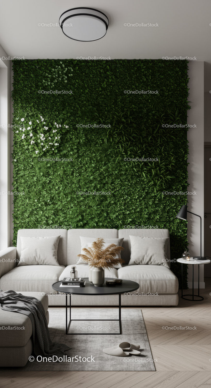 Modern Living Room with Green Vertical Garden and Cozy Sofa