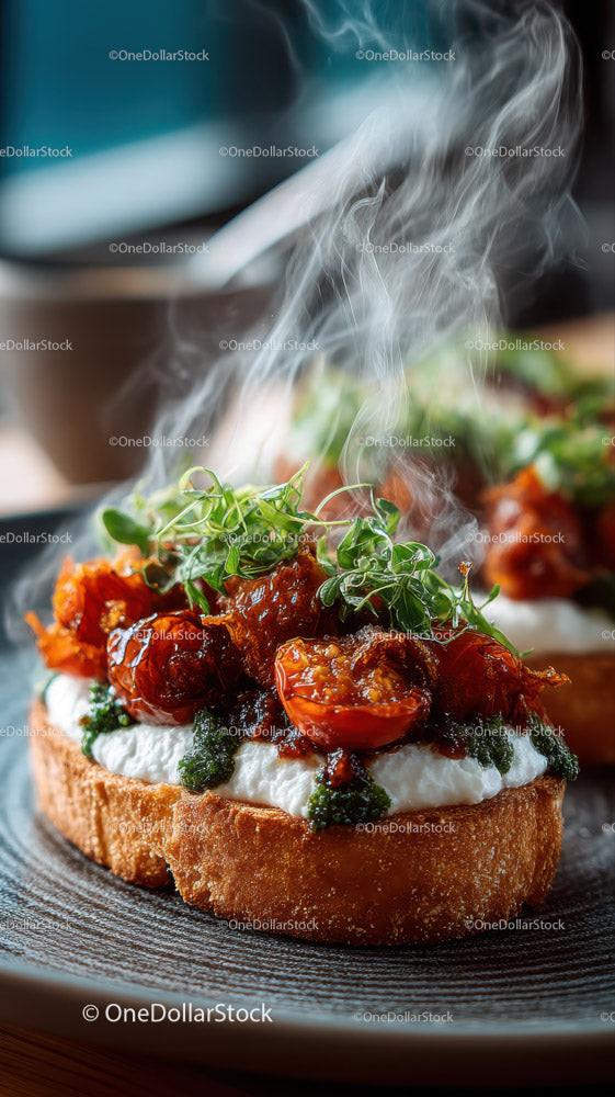 Gourmet Toast with Tomato, Herbs and Melting Cheese