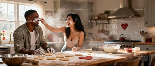 Couple having fun baking heart shaped cookies in kitchen