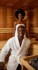 African American Couple Relaxing Together in Sauna Wellness Environment