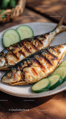 Grilled Mackerel with Cucumber Slices on a Rustic Plate