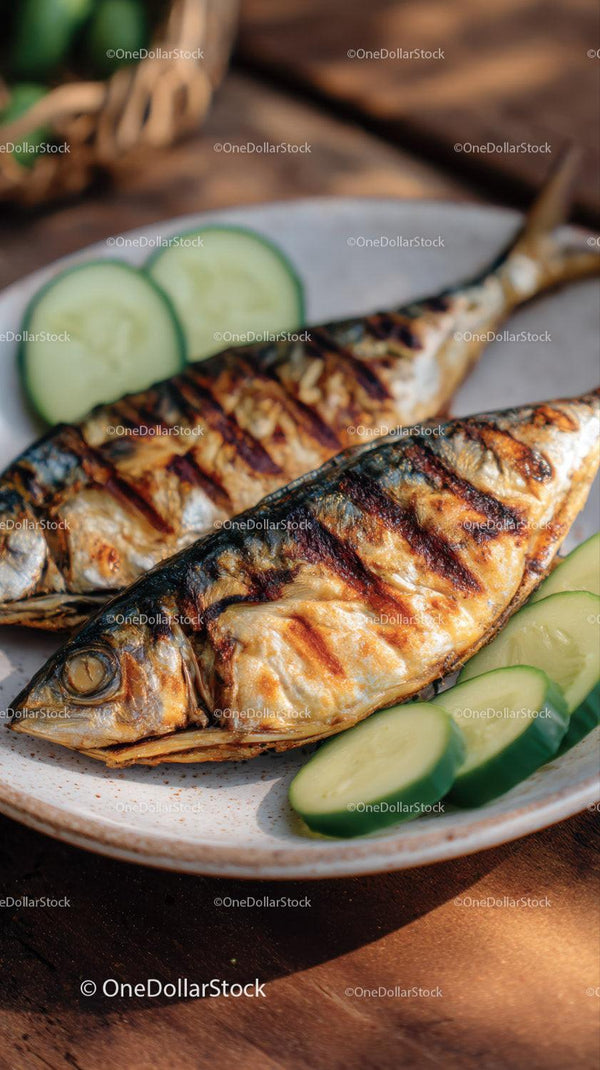 Grilled Mackerel with Cucumber Slices on a Rustic Plate