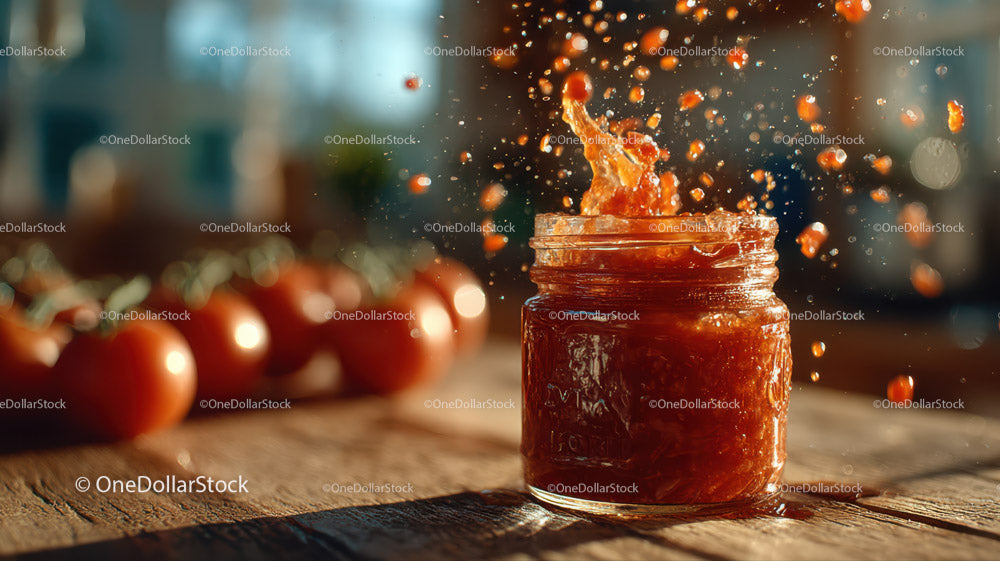 Fresh Tomato Jam in a Glass Jar with Cherry Tomatoes in Rustic Kitchen
